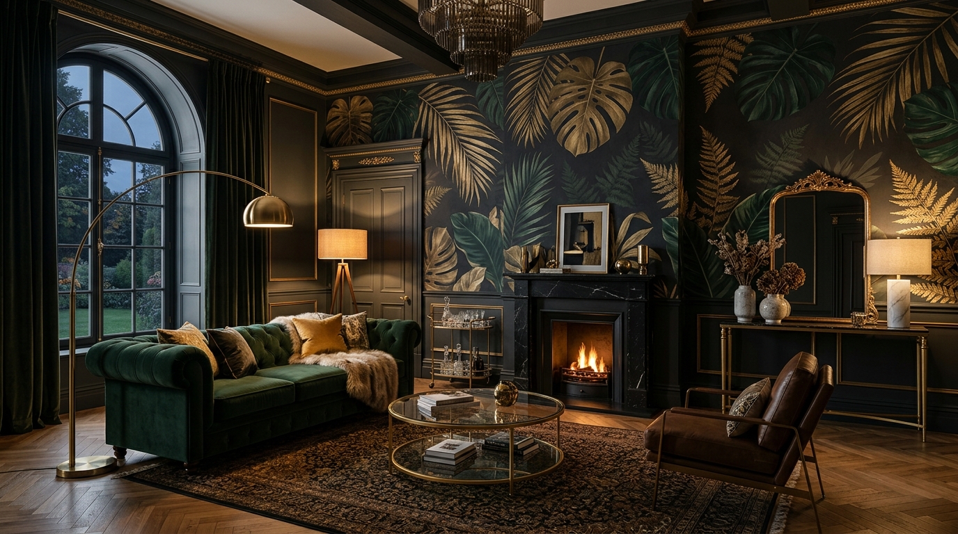 Luxury living room with Altiora Walls botanical wallpaper